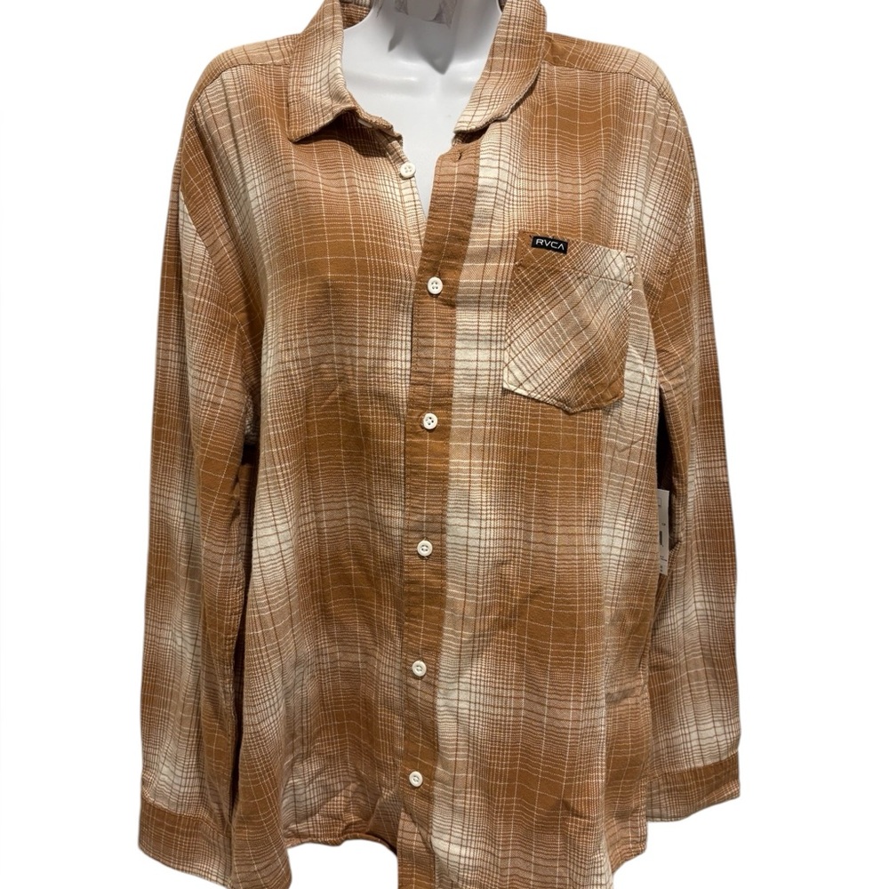 NWT RVCA Cruz Long Sleeve Button Up Flannel Shirt Copper Shadow Plaid Large